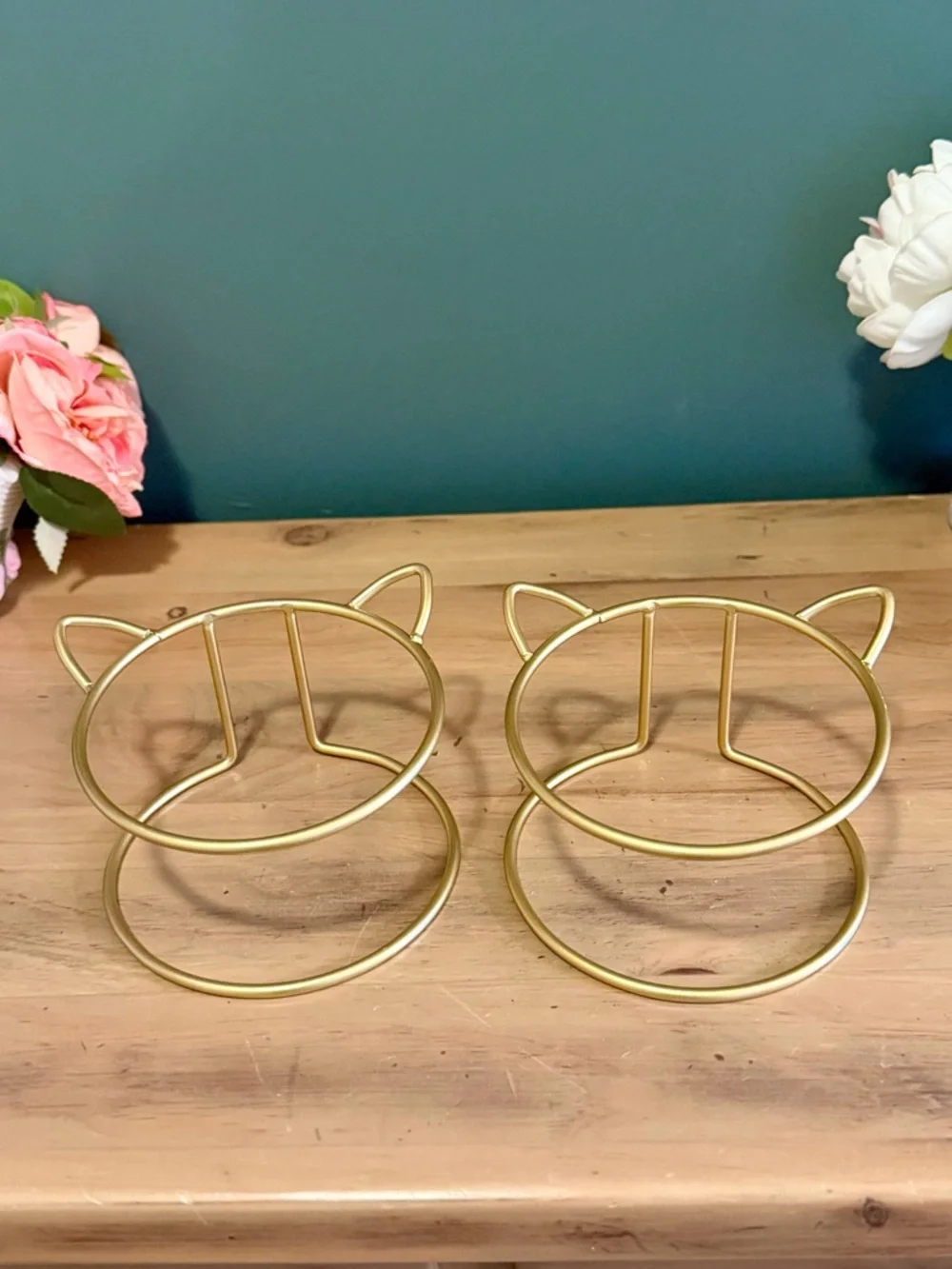 Gold Cat Ear Bowl Stand Set Pet Feeder Planter Holder Cute Metal